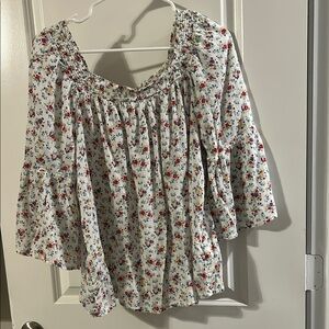 Chaps White Floral Blouse with Red and Blue Accents